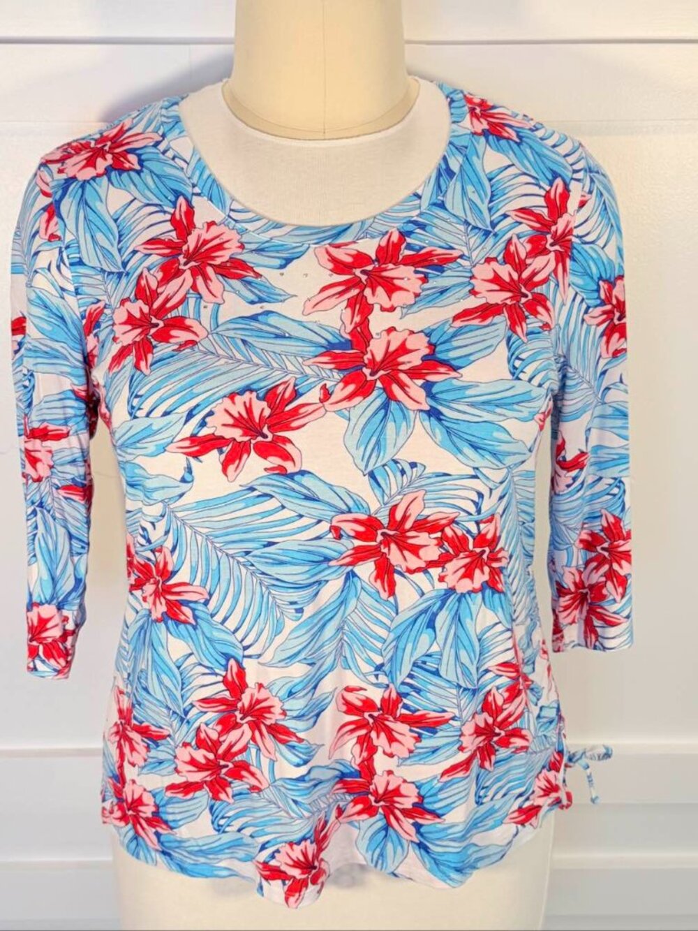 Palm Grove Blue Red Women's XL Tropical Floral Resortwear Top Scoop Neck 3/4 Sle